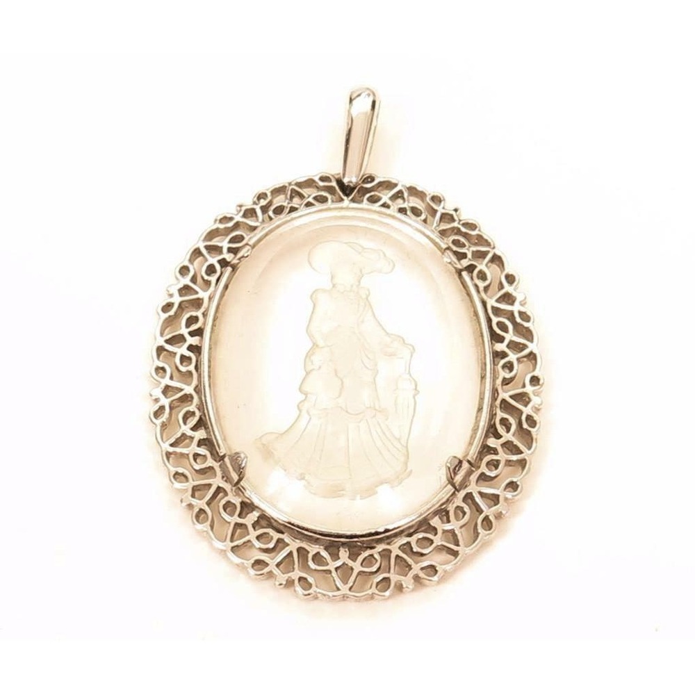 Vintage Avon Glass Reverse Intaglio Cameo Victorian Lady Silver Filigree Pendant